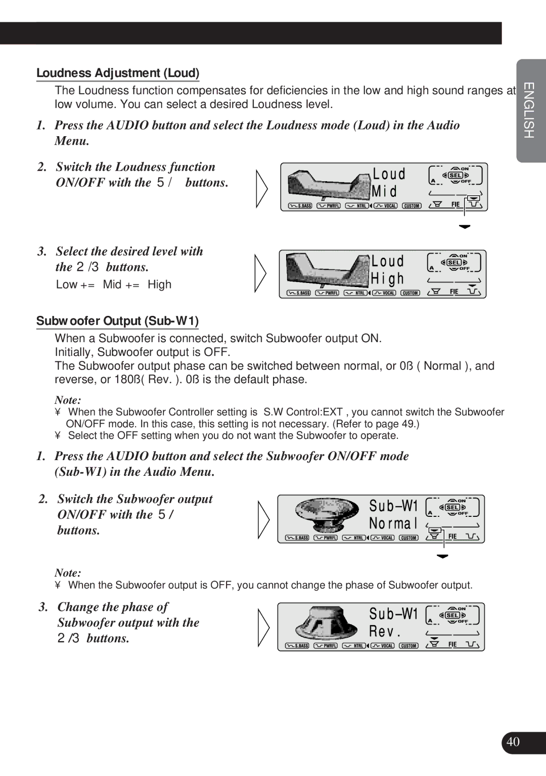 Pioneer DEH-P8200R operation manual Loudness Adjustment Loud, Subwoofer Output Sub-W1 