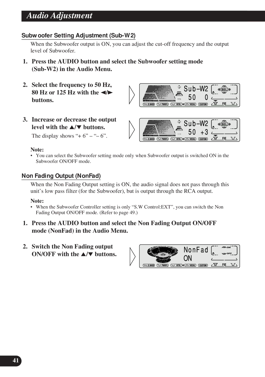 Pioneer DEH-P8200R operation manual Subwoofer Setting Adjustment Sub-W2, Non Fading Output NonFad 