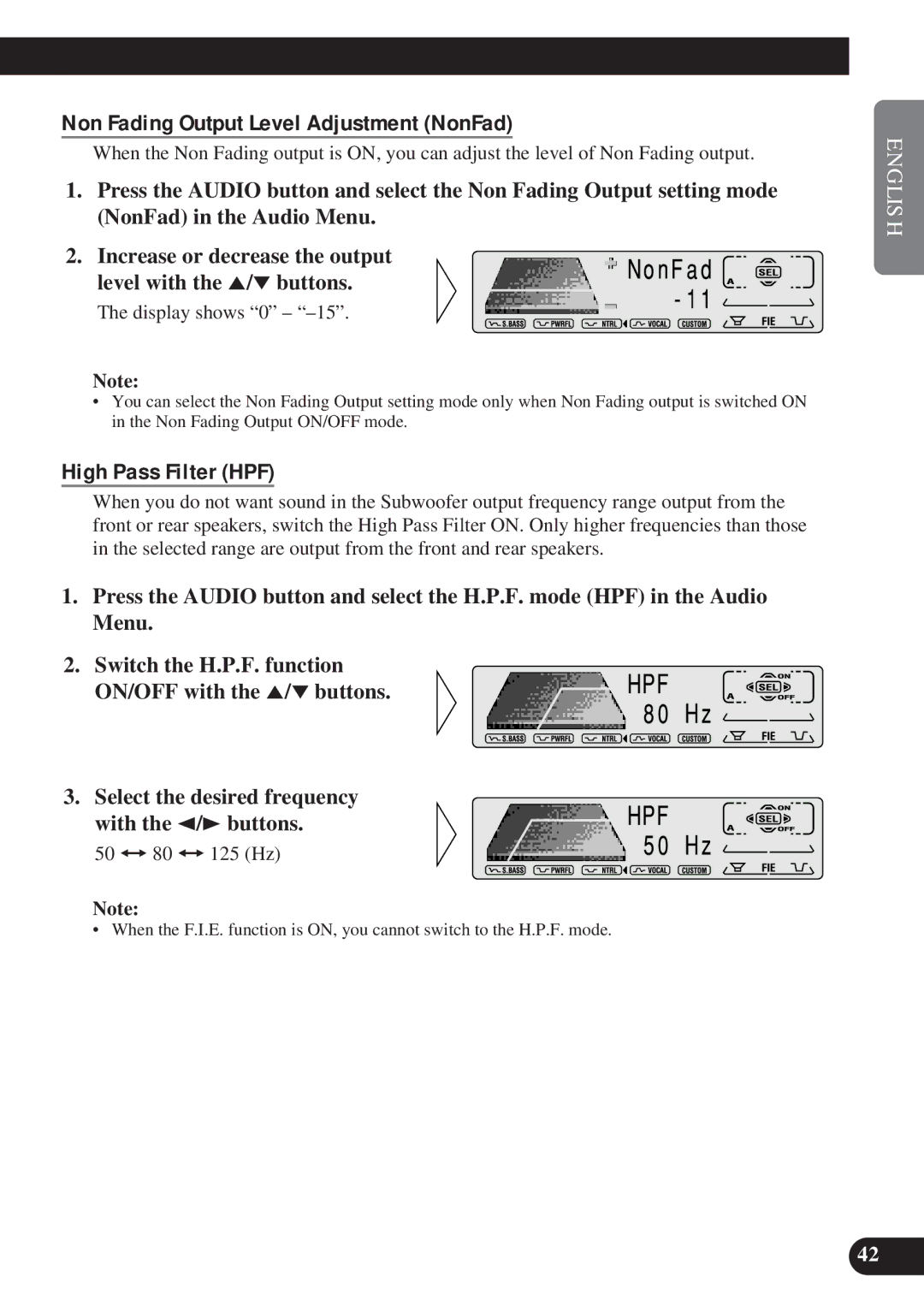 Pioneer DEH-P8200R operation manual Non Fading Output Level Adjustment NonFad, High Pass Filter HPF 