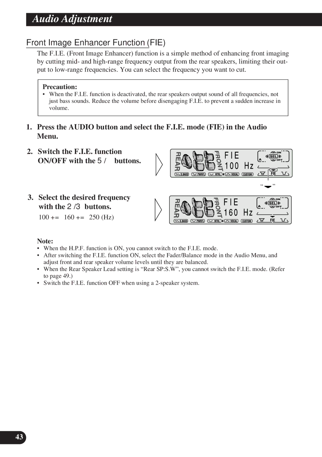 Pioneer DEH-P8200R operation manual Front Image Enhancer Function FIE, 100 += 160 += 250 Hz 