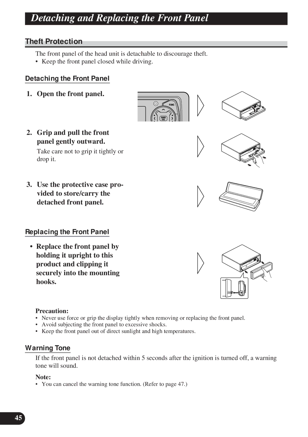 Pioneer DEH-P8200R operation manual Detaching and Replacing the Front Panel, Theft Protection, Detaching the Front Panel 