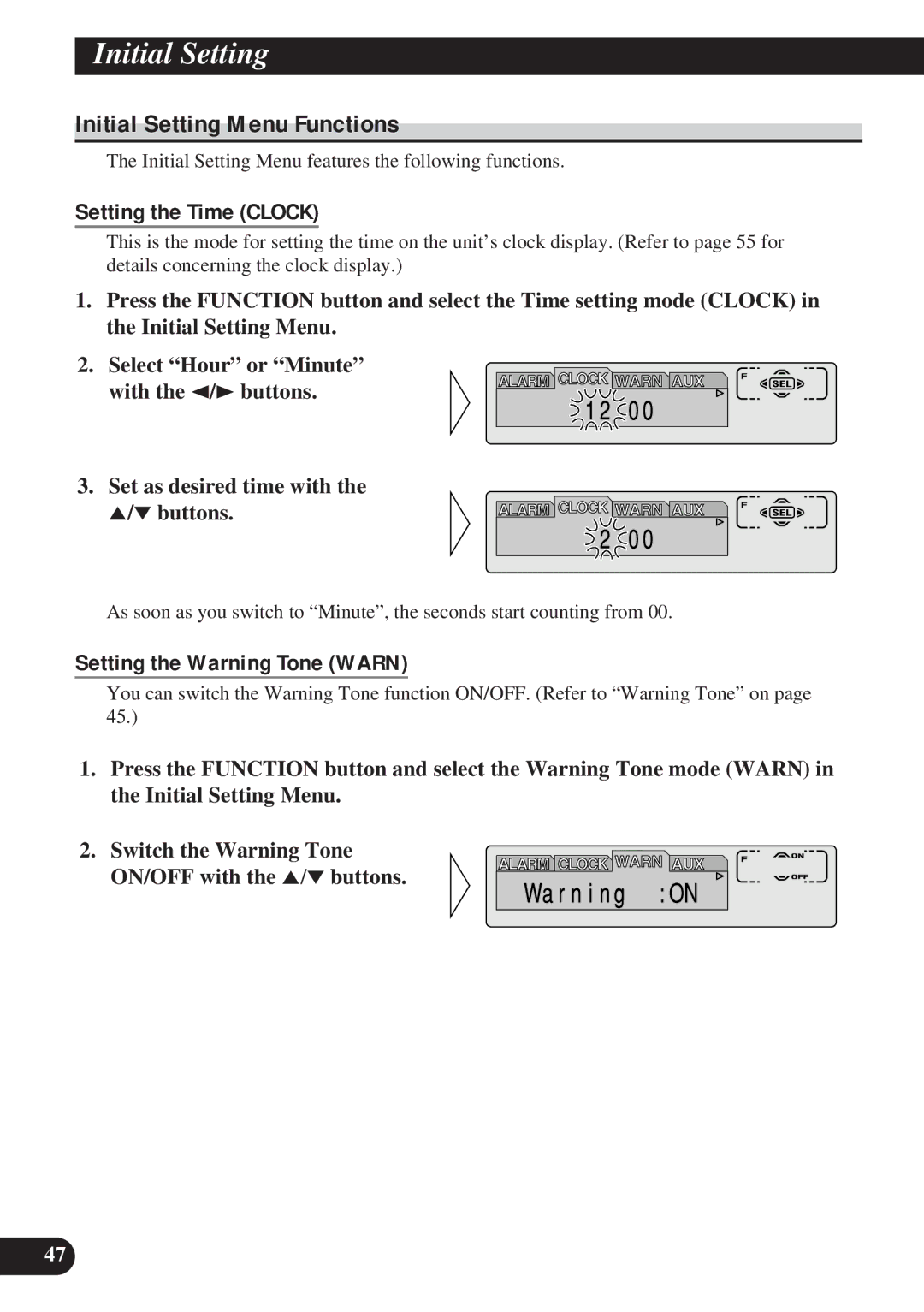 Pioneer DEH-P8200R operation manual Initial Setting Menu Functions, Setting the Time Clock, Setting the Warning Tone Warn 