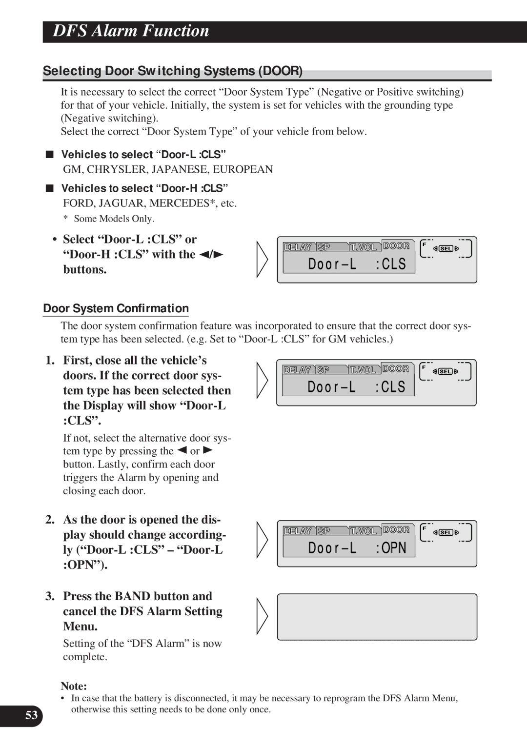 Pioneer DEH-P8200R Selecting Door Switching Systems Door, Door System Confirmation, Vehicles to select Door-L CLS 