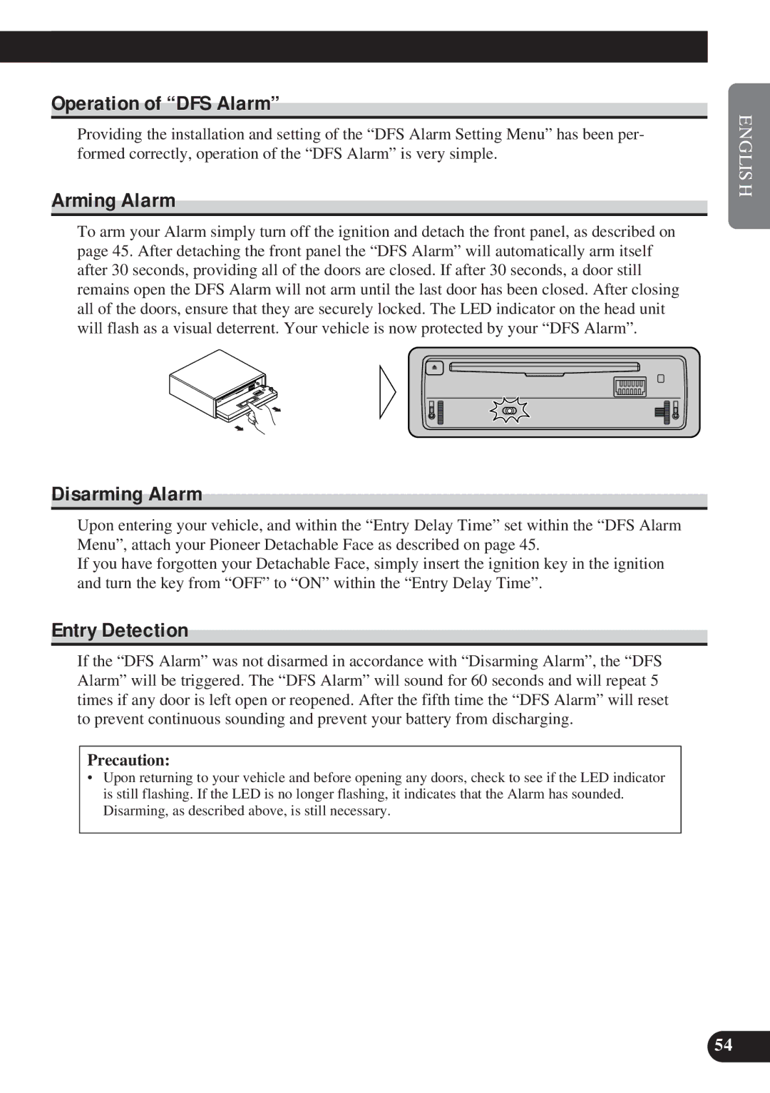 Pioneer DEH-P8200R operation manual Operation of DFS Alarm, Arming Alarm, Disarming Alarm, Entry Detection 