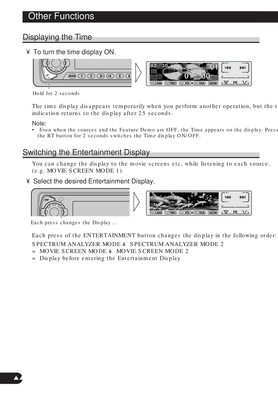 Pioneer DEH-P8200R Other Functions, Displaying the Time, Switching the Entertainment Display, To turn the time display on 