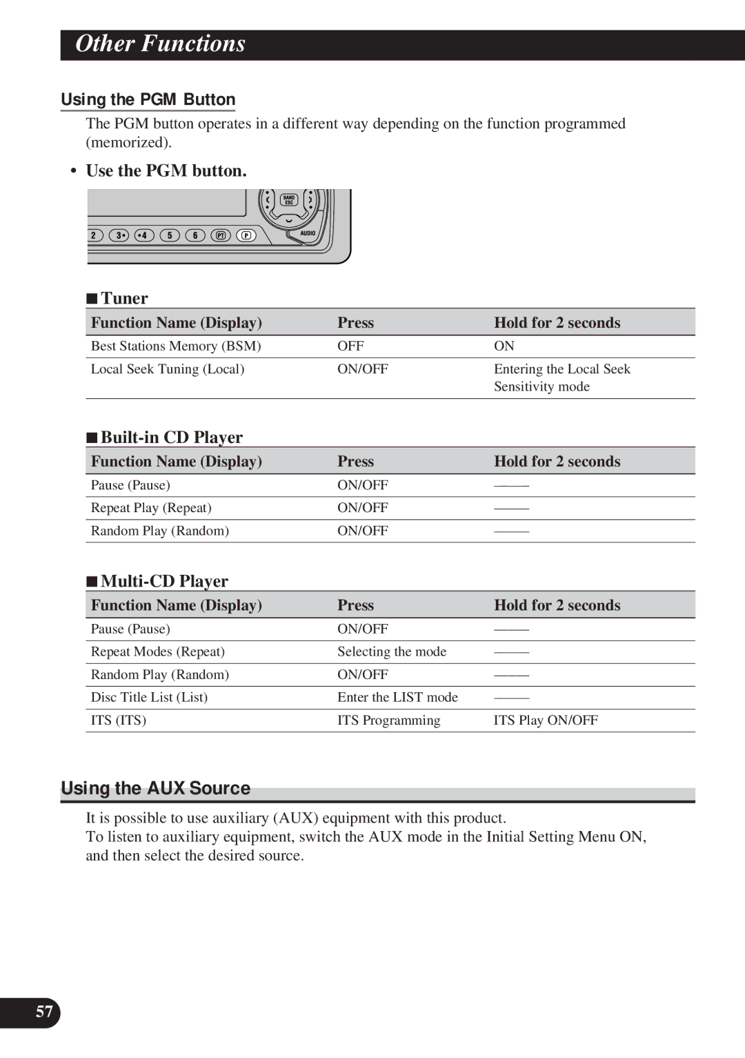 Pioneer DEH-P8200R operation manual Using the AUX Source, Using the PGM Button, Use the PGM button 7Tuner 