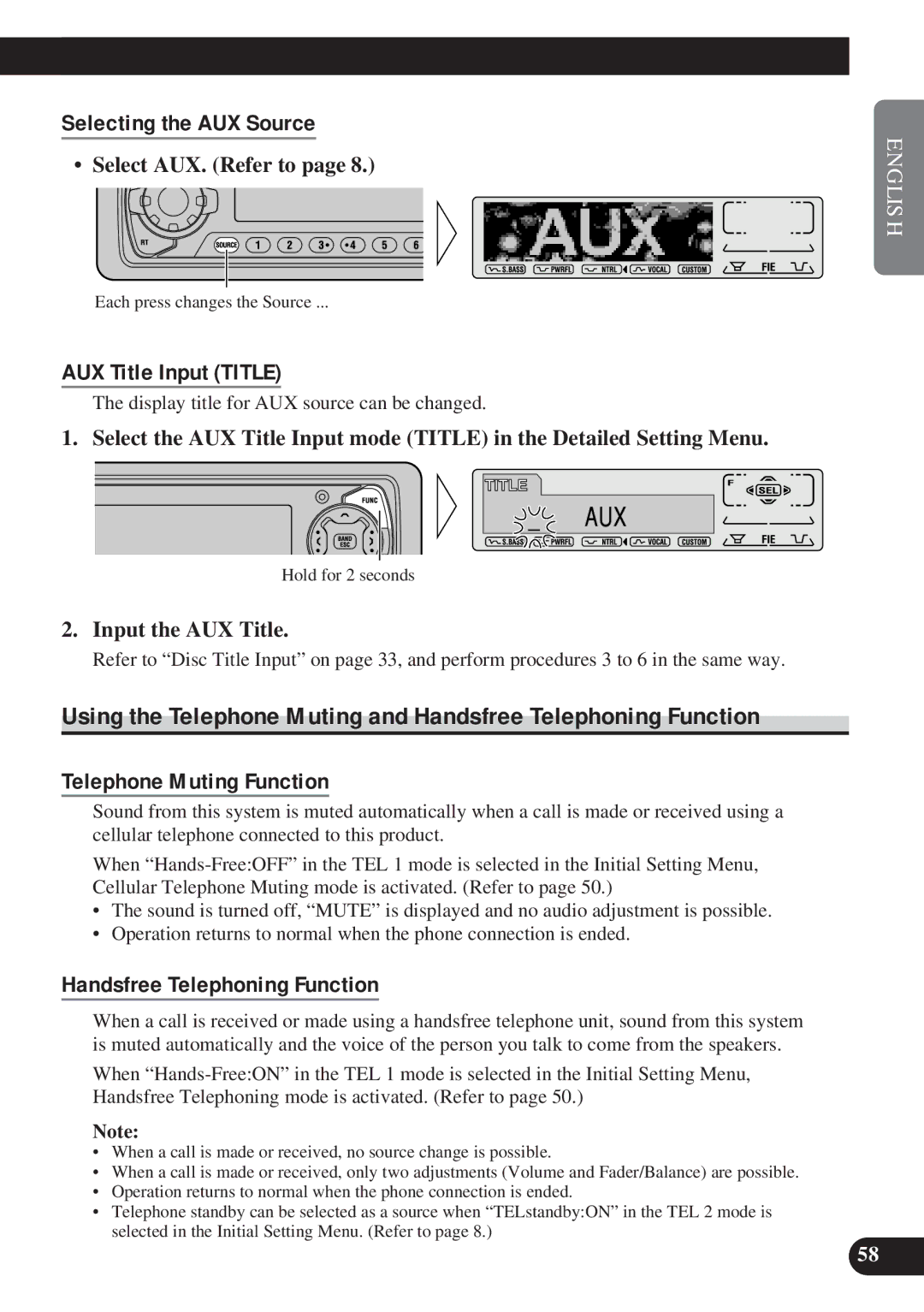 Pioneer DEH-P8200R Selecting the AUX Source, AUX Title Input Title, Handsfree Telephoning Function, Select AUX. Refer to 