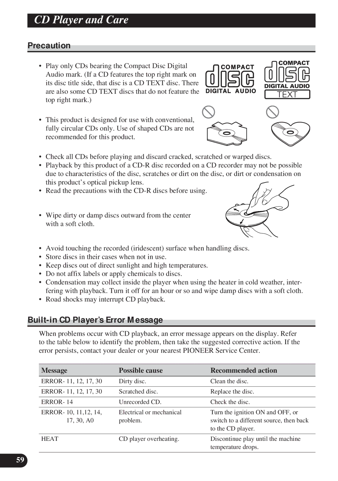 Pioneer DEH-P8200R CD Player and Care, Built-in CD Player’s Error Message, Message Possible cause Recommended action 