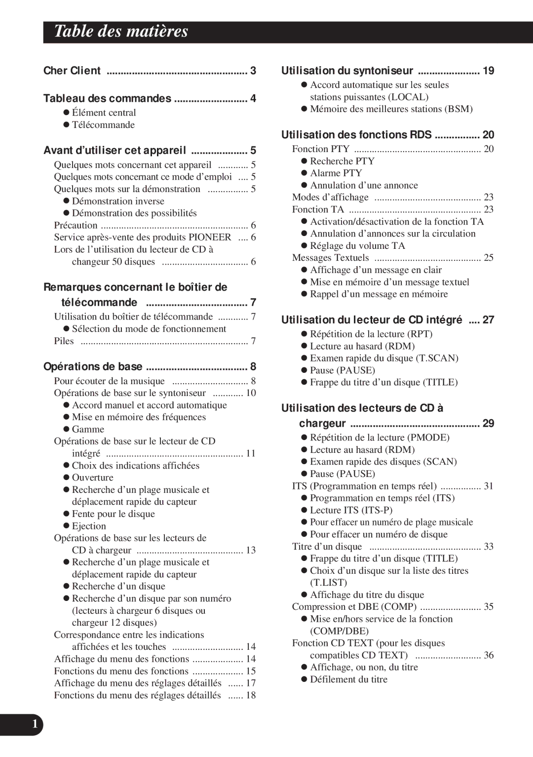 Pioneer DEH-P8200R operation manual Table des matières, Utilisation des lecteurs de CD à 