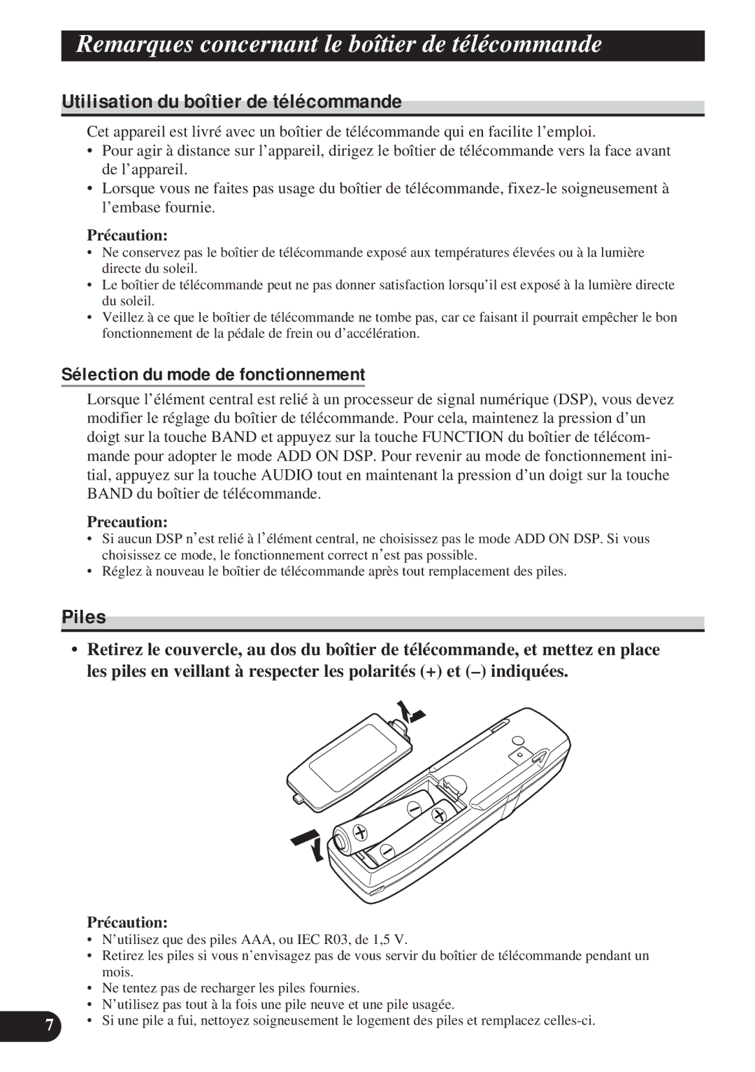 Pioneer DEH-P8200R Remarques concernant le boîtier de télécommande, Utilisation du boîtier de télécommande, Piles 