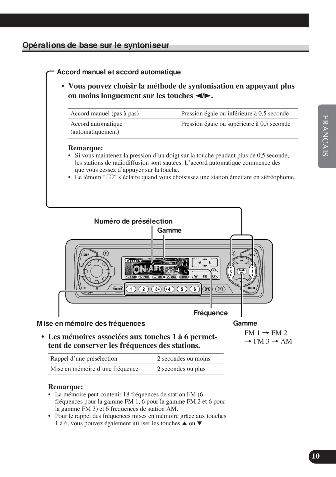 Pioneer DEH-P8200R operation manual Opérations de base sur le syntoniseur, Accord manuel et accord automatique 