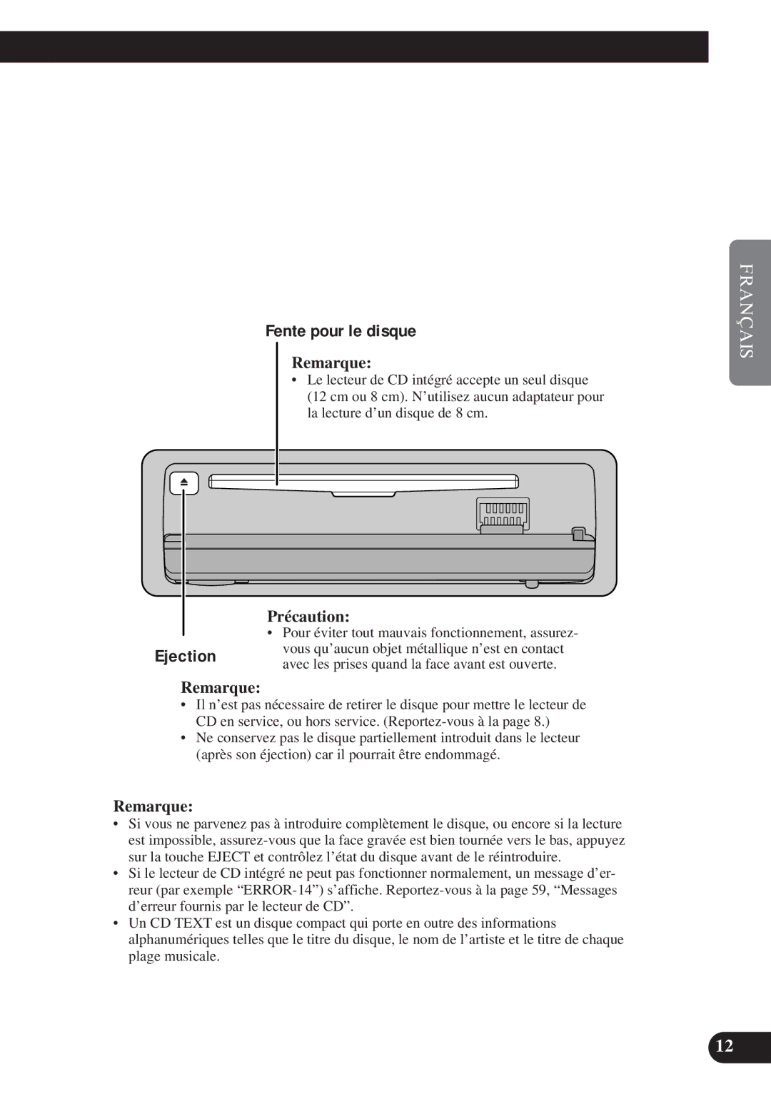 Pioneer DEH-P8200R operation manual Fente pour le disque, Ejection 