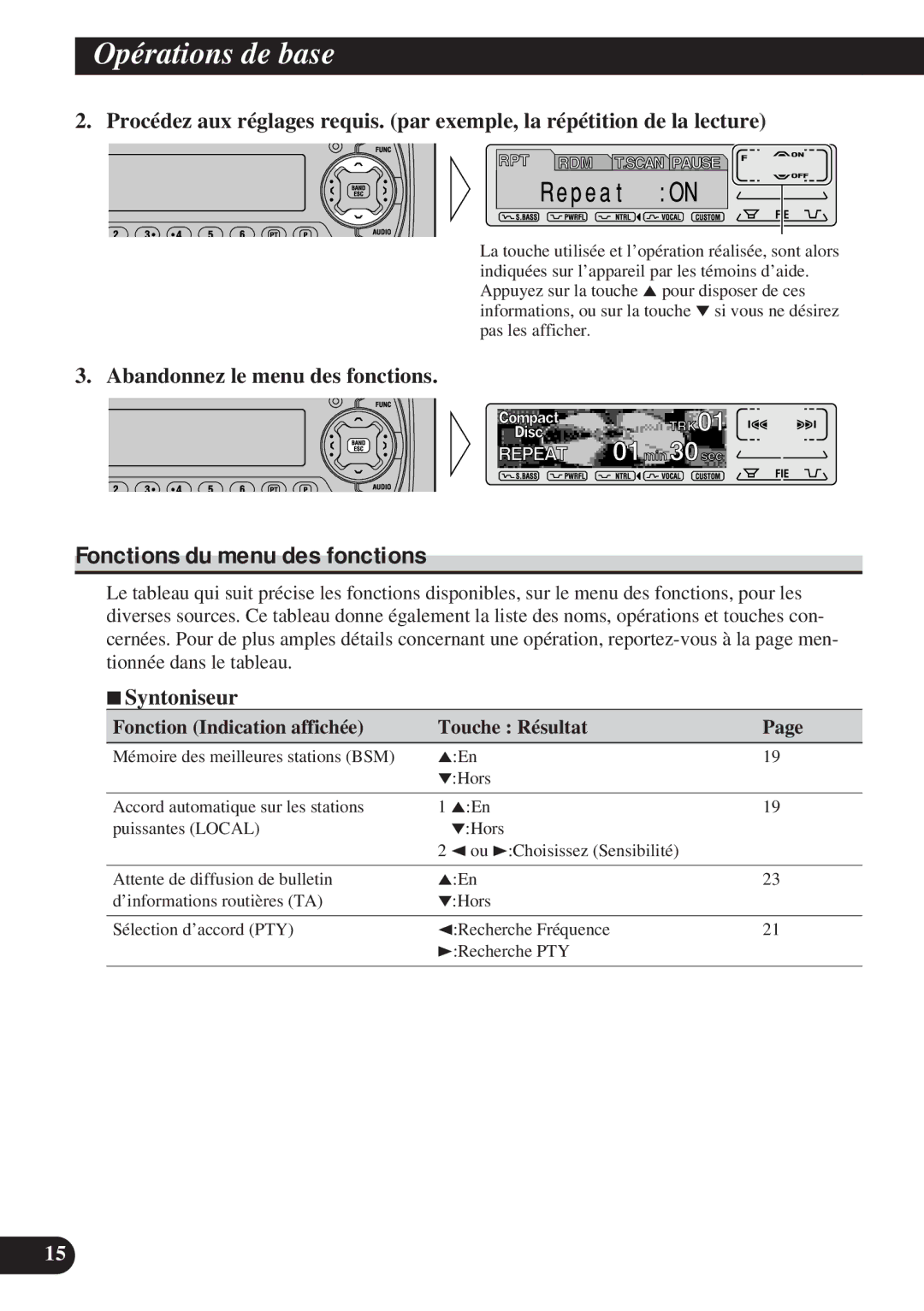 Pioneer DEH-P8200R operation manual Fonctions du menu des fonctions, Abandonnez le menu des fonctions, 7Syntoniseur 