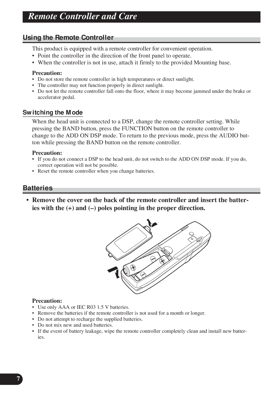 Pioneer DEH-P8200R Remote Controller and Care, Using the Remote Controller, Batteries, Switching the Mode, Precaution 