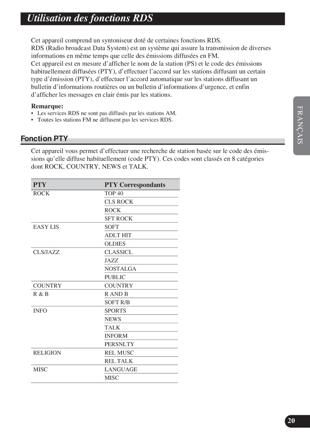 Pioneer DEH-P8200R operation manual Utilisation des fonctions RDS, Fonction PTY, PTY Correspondants 