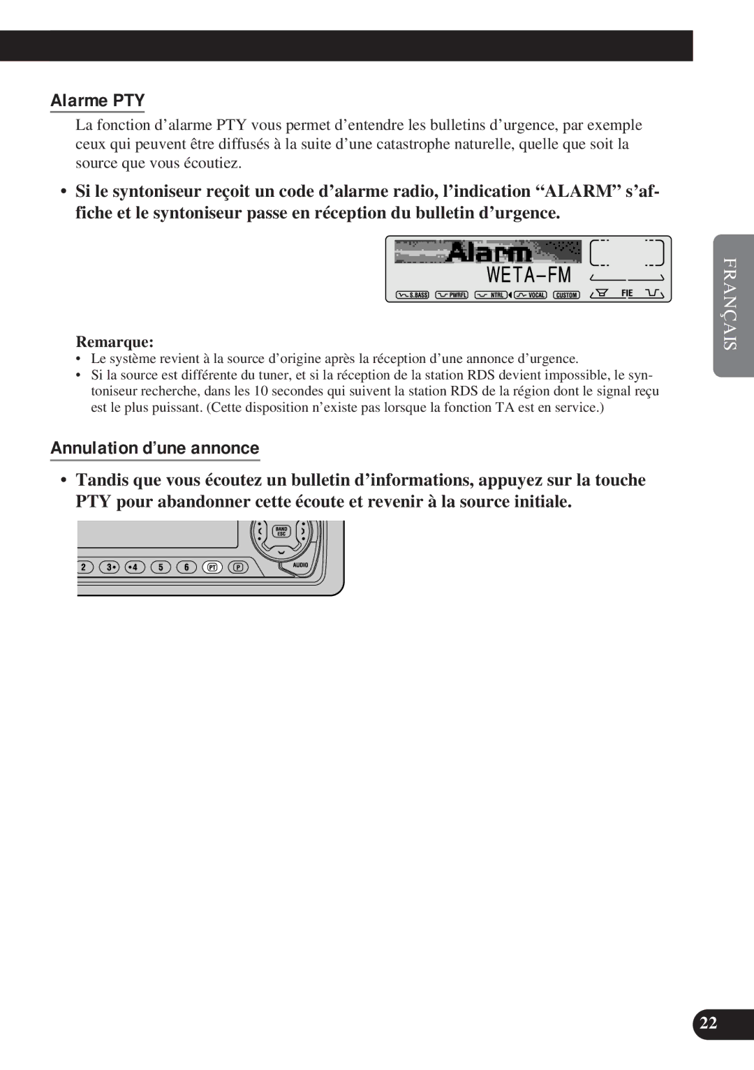 Pioneer DEH-P8200R operation manual Alarme PTY, Annulation d’une annonce 