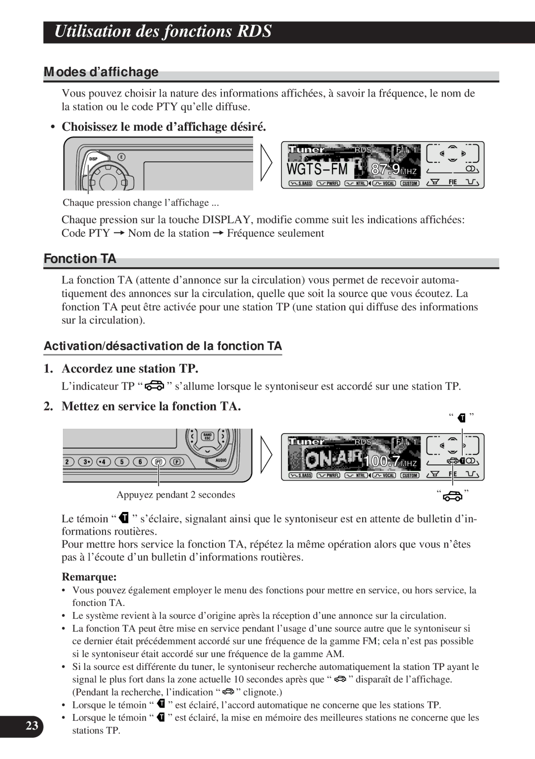 Pioneer DEH-P8200R operation manual Modes d’affichage, Fonction TA, Activation/désactivation de la fonction TA 