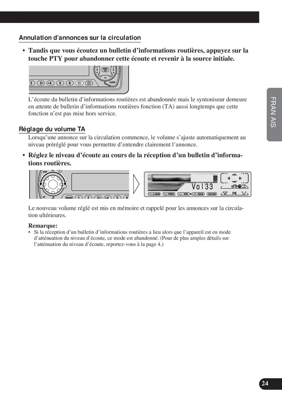 Pioneer DEH-P8200R operation manual Annulation d’annonces sur la circulation, Réglage du volume TA 