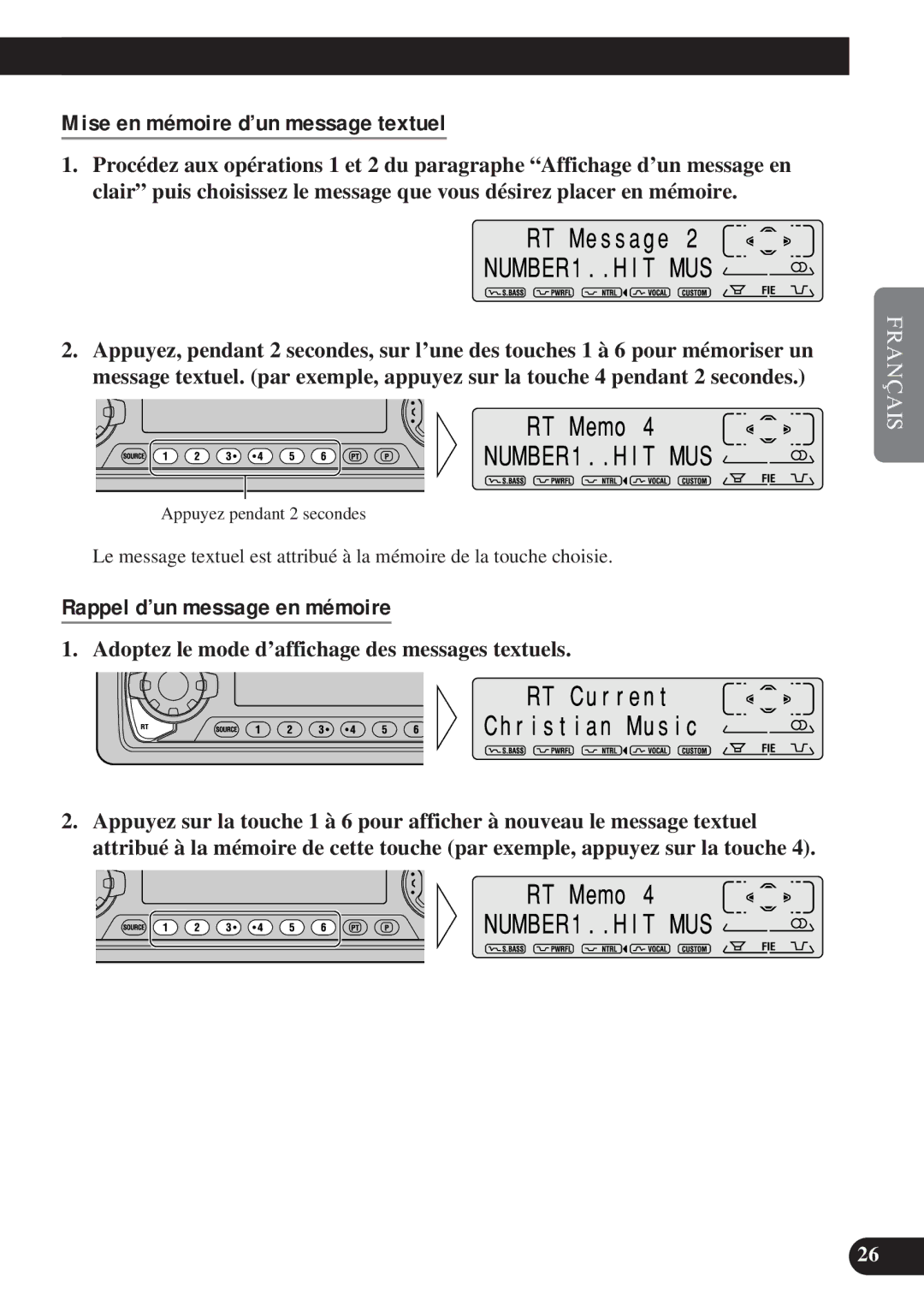 Pioneer DEH-P8200R operation manual Mise en mémoire d’un message textuel, Rappel d’un message en mémoire 