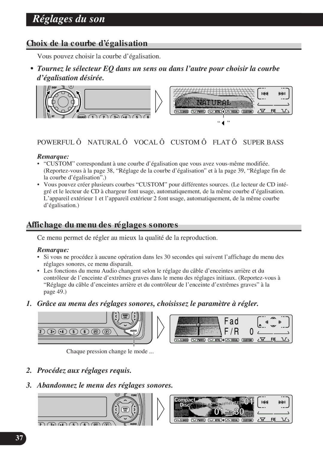 Pioneer DEH-P8200R Réglages du son, Choix de la courbe d’égalisation, Affichage du menu des réglages sonores 