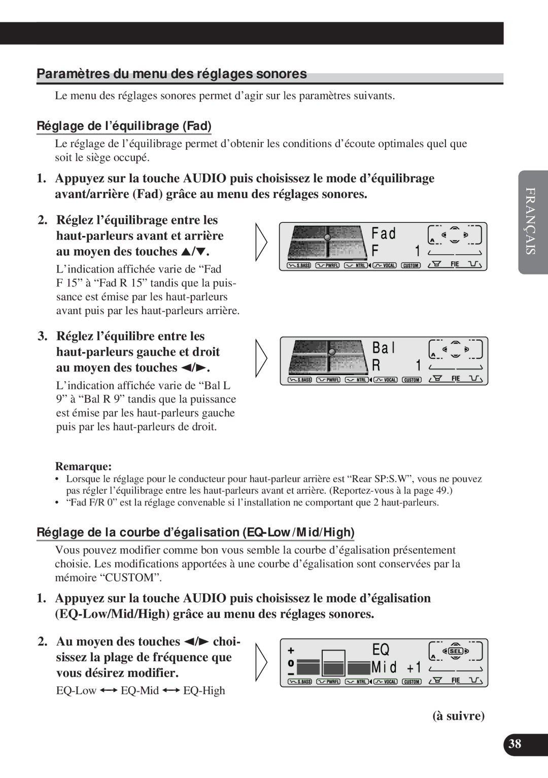 Pioneer DEH-P8200R operation manual Paramètres du menu des réglages sonores, Réglage de l’équilibrage Fad 