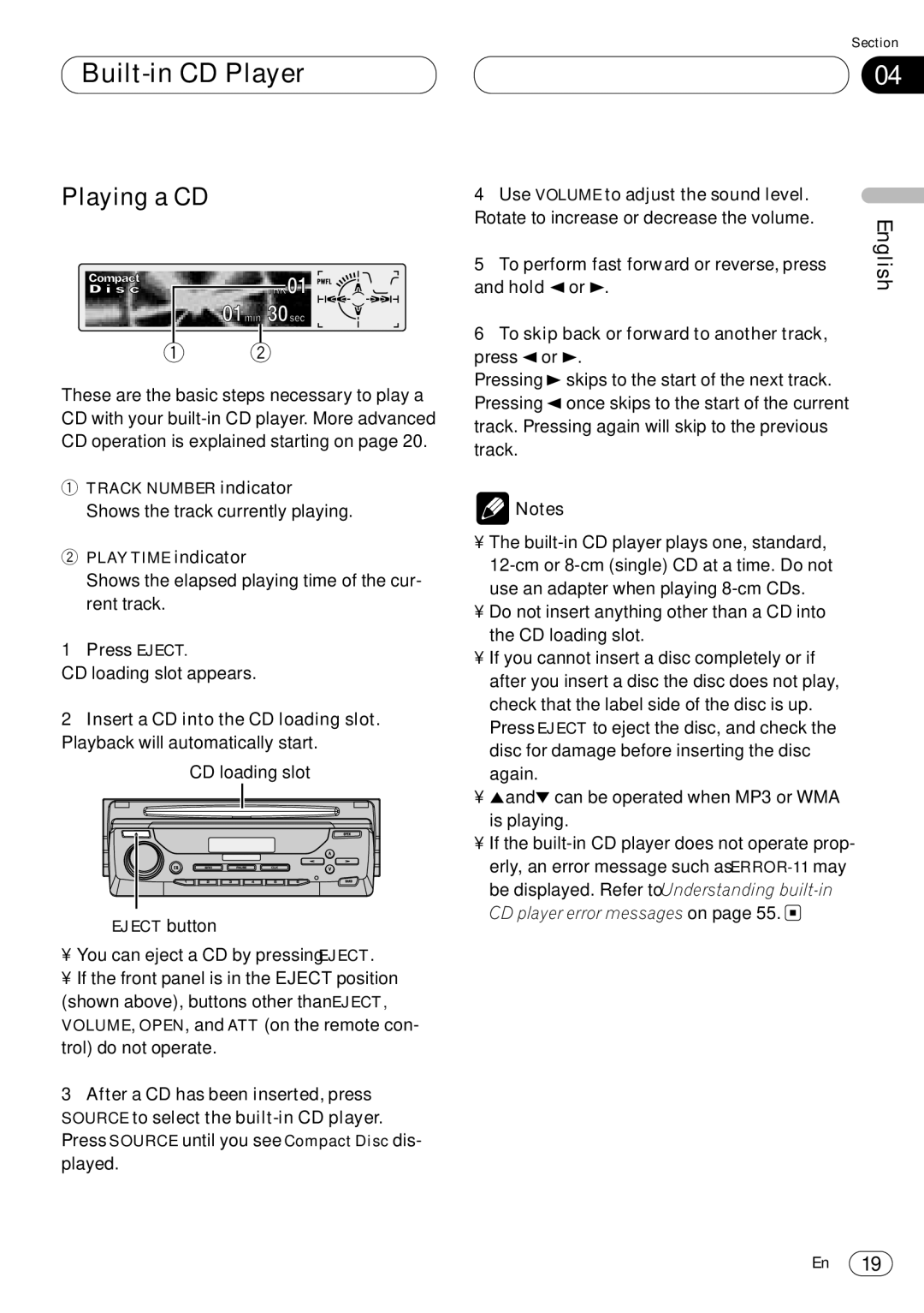 Pioneer DEH-P8400MP operation manual Built-in CD Player, Playing a CD, Press Eject, Use Volume to adjust the sound level 