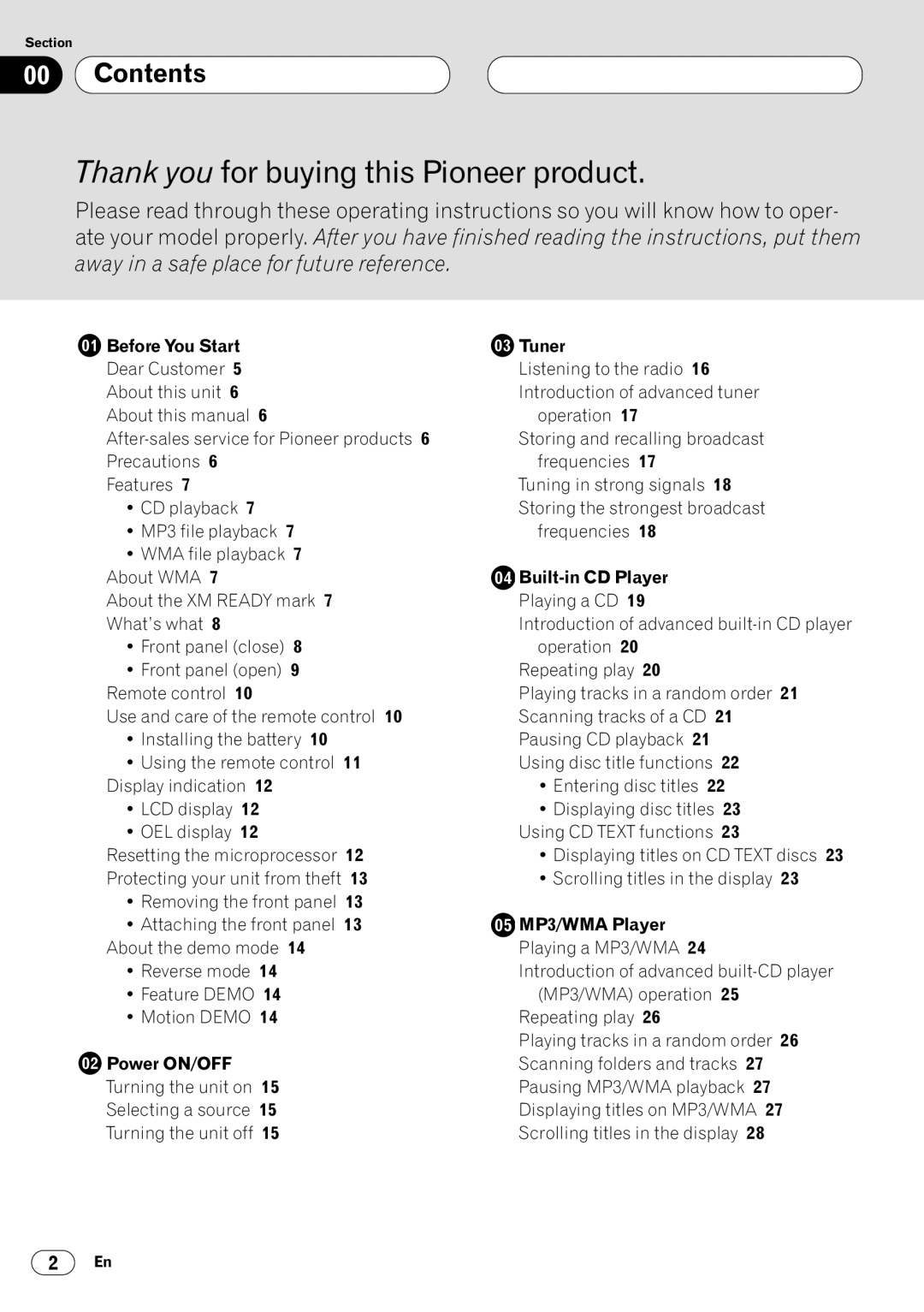 Pioneer DEH-P8400MP operation manual Contents, Power ON/OFF, Tuner, Built-in CD Player, MP3/WMA Player 
