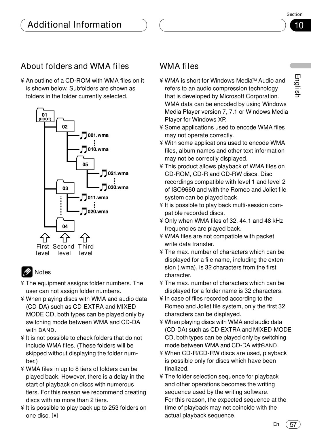 Pioneer DEH-P8400MP operation manual About folders and WMA files, First Second Third level level level 