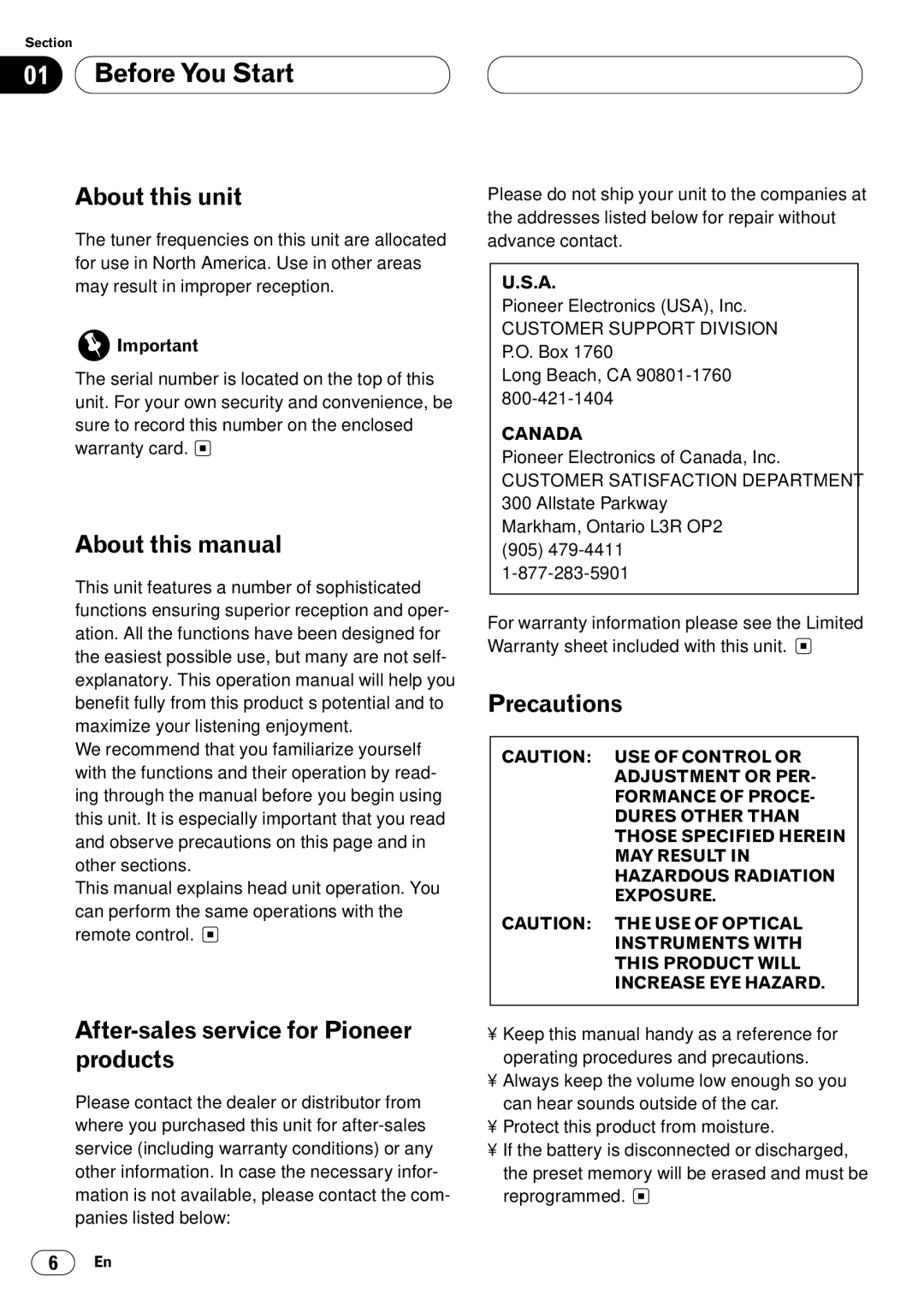 Pioneer DEH-P8400MP Before You Start, About this unit, About this manual, After-sales service for Pioneer products 