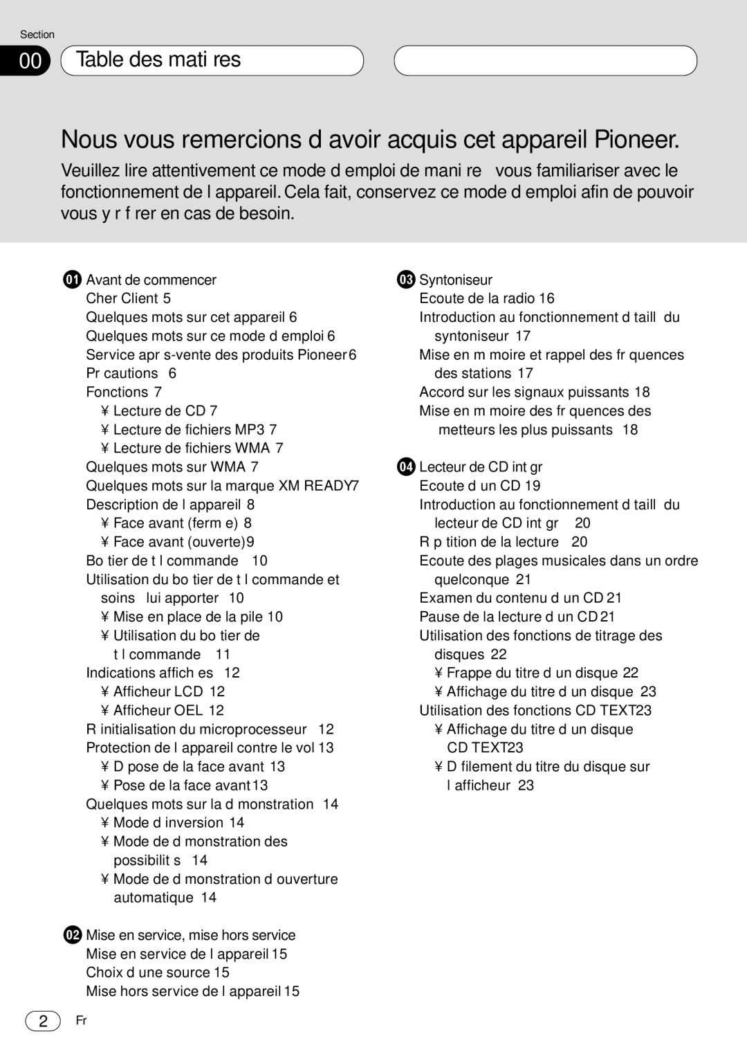 Pioneer DEH-P8400MP Table des matières, Avant de commencer, Mise en service, mise hors service, Lecteur de CD intégré 