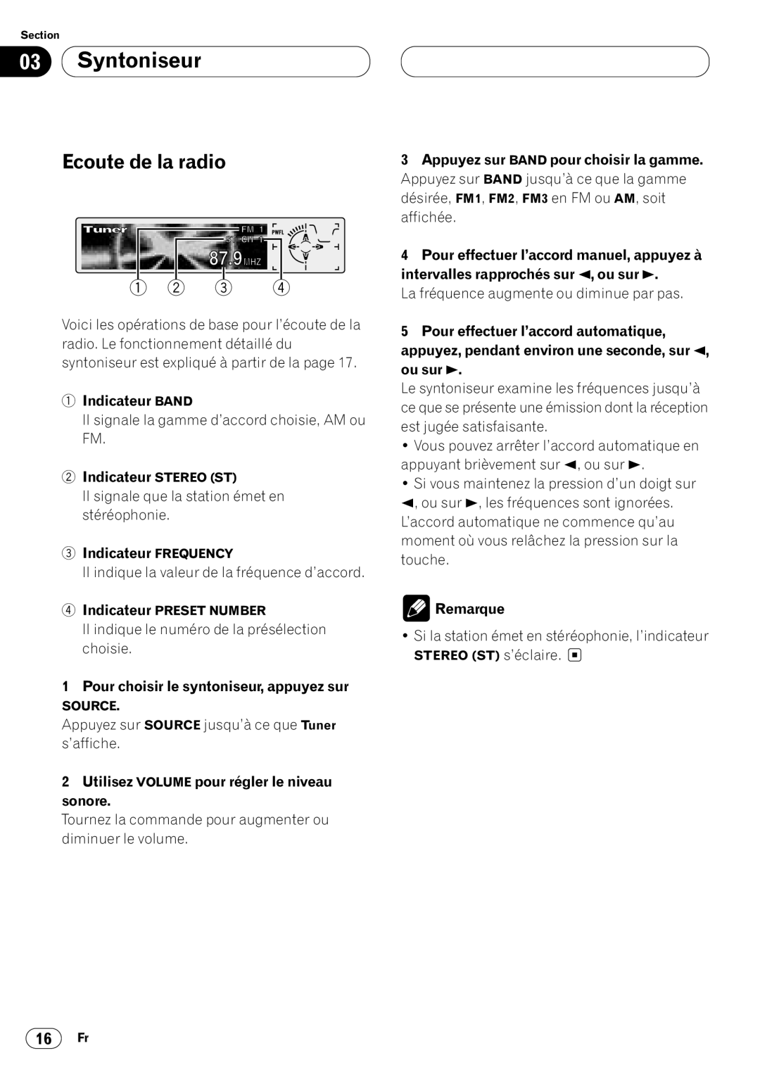 Pioneer DEH-P8400MP operation manual Syntoniseur, Ecoute de la radio 