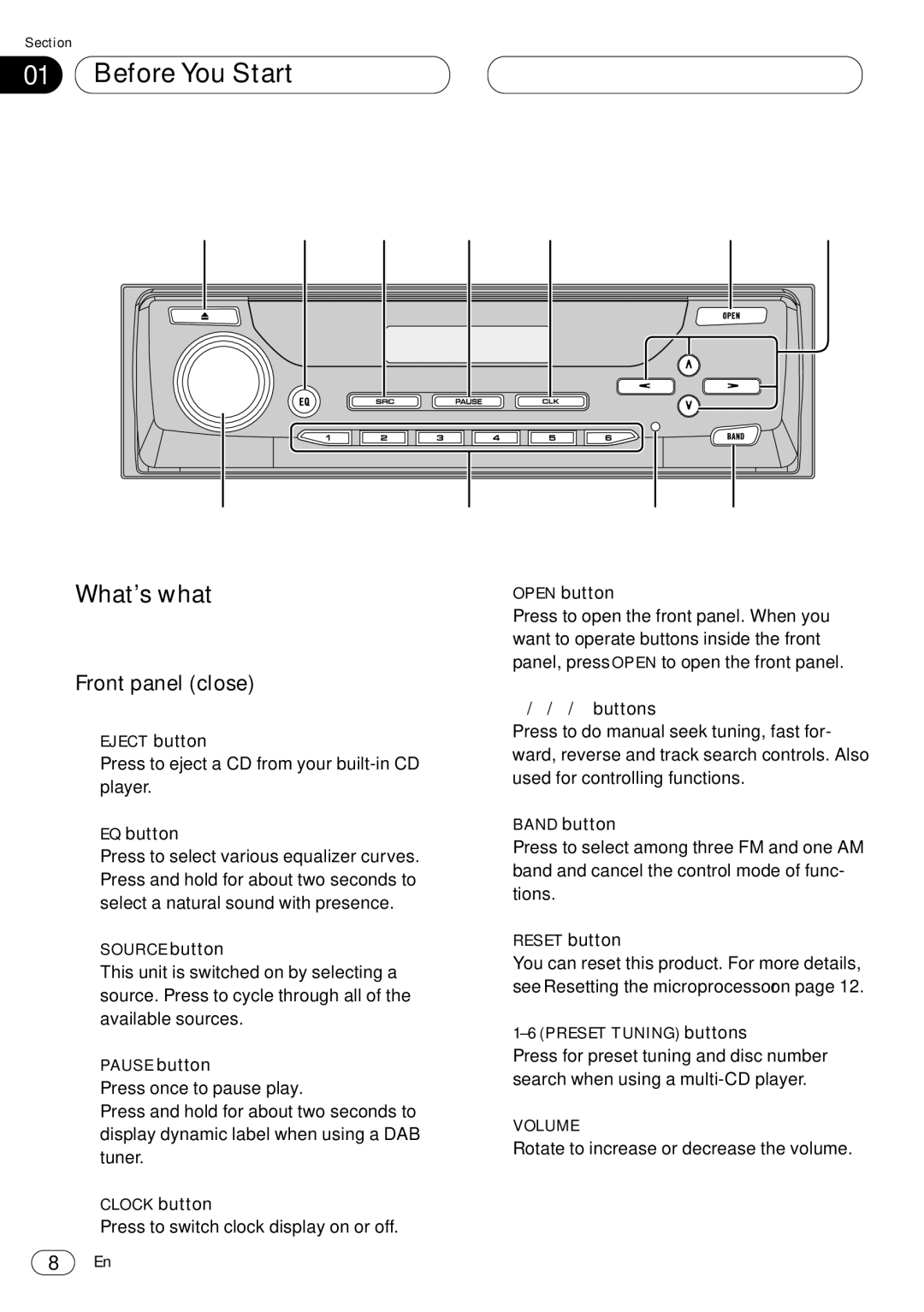 Pioneer DEH-P8400MP operation manual What’s what, Front panel close 