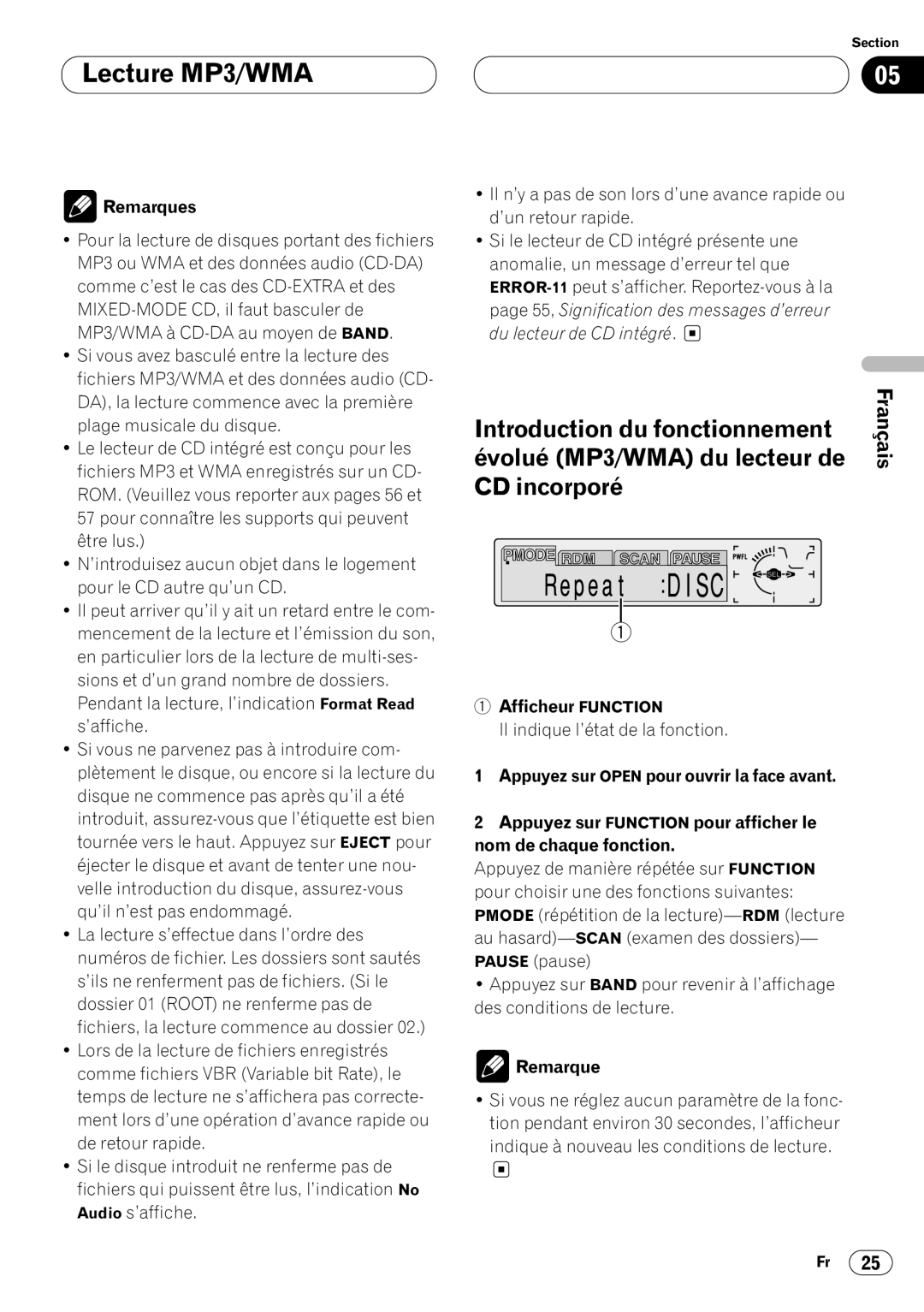 Pioneer DEH-P8400MP operation manual Introduction du fonctionnement CD incorporé, Remarques 