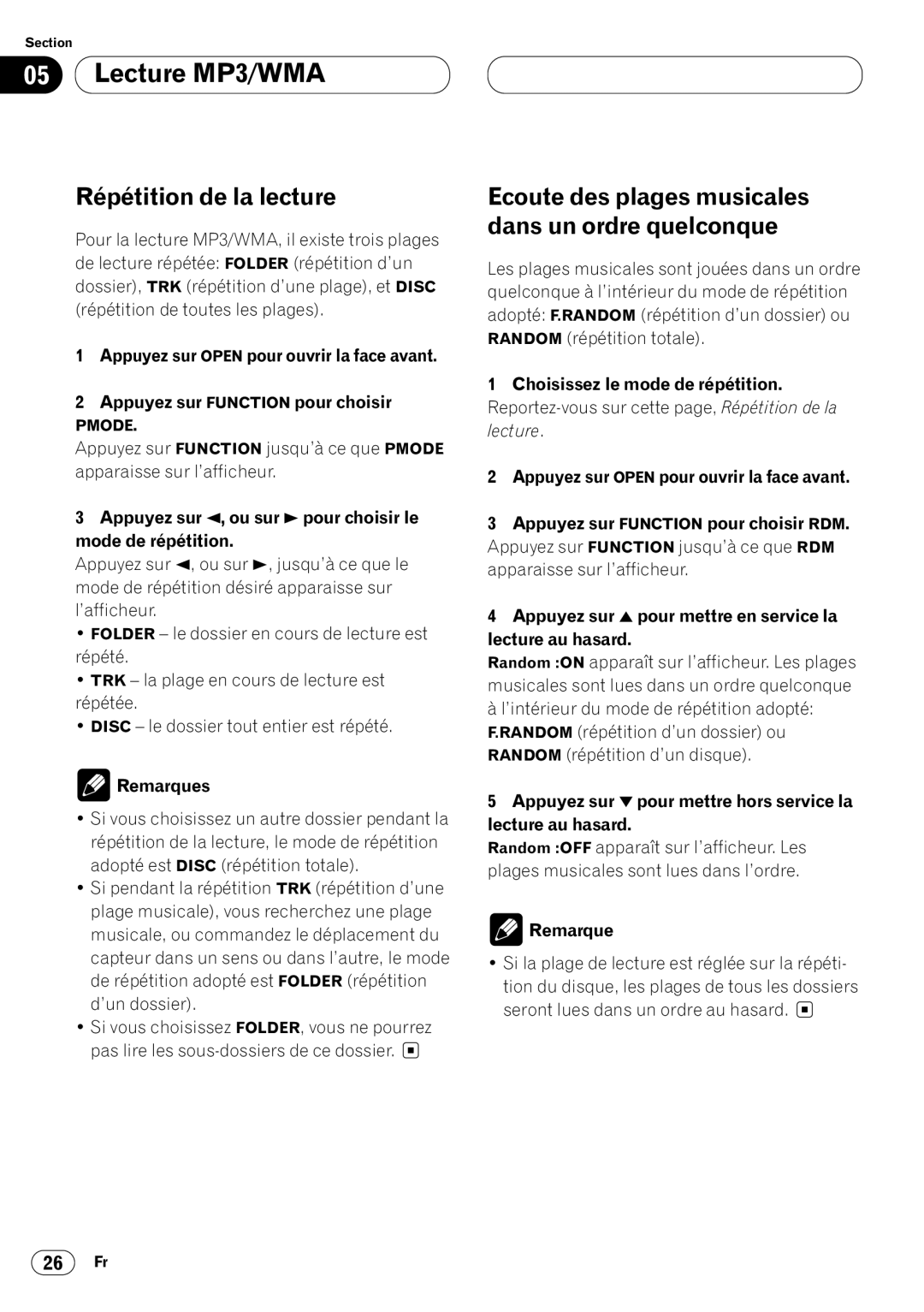 Pioneer DEH-P8400MP operation manual Répétition de la lecture, Appuyez sur 2, ou sur 3 pour choisir le mode de répétition 