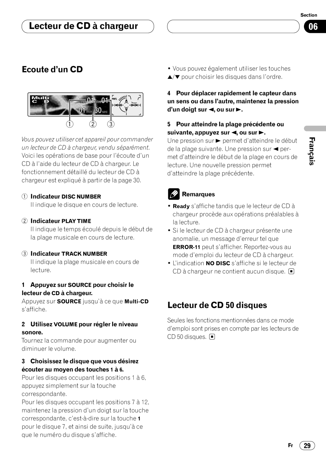 Pioneer DEH-P8400MP operation manual Lecteur de CD à chargeur, Lecteur de CD 50 disques, Indicateur Disc Number 