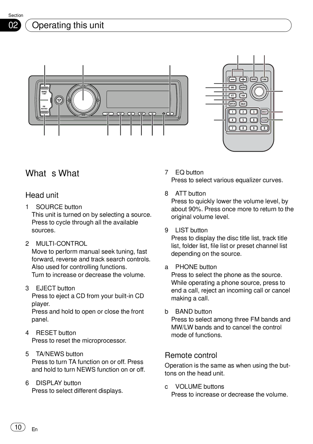 Pioneer DEH-P85BT operation manual Operating this unit, What’s What, Head unit, Remote control, Multi-Control 