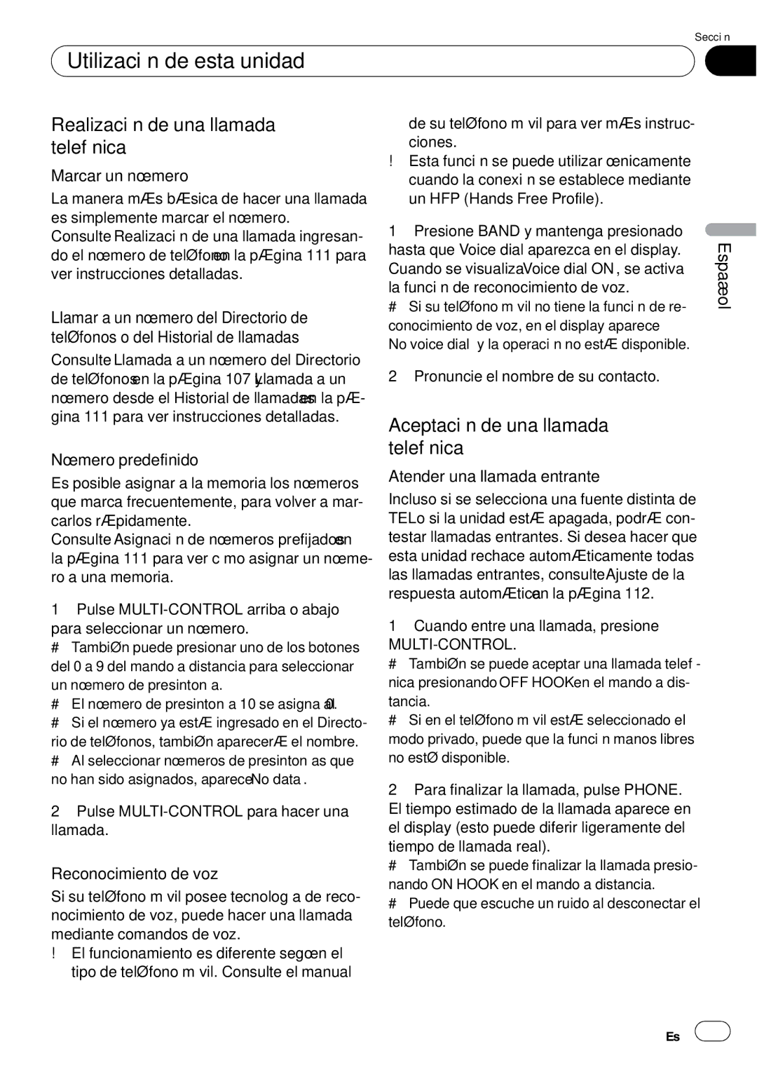 Pioneer DEH-P85BT operation manual Realización de una llamada telefónica, Aceptación de una llamada telefónica 