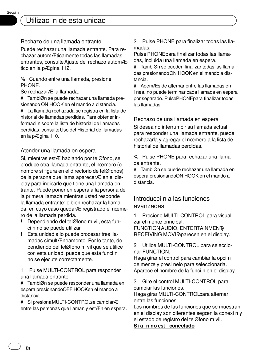 Pioneer DEH-P85BT Rechazo de una llamada entrante, Atender una llamada en espera, Rechazo de una llamada en espera, 102 Es 