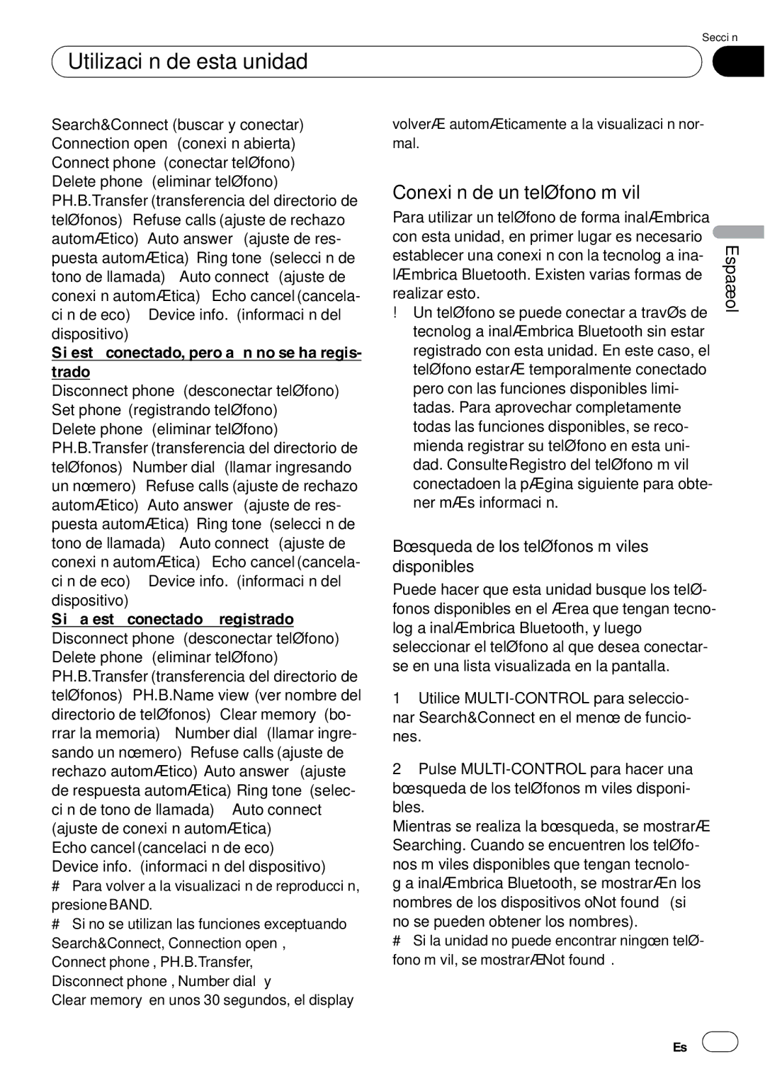 Pioneer DEH-P85BT operation manual Conexión de un teléfono móvil, Búsqueda de los teléfonos móviles disponibles 