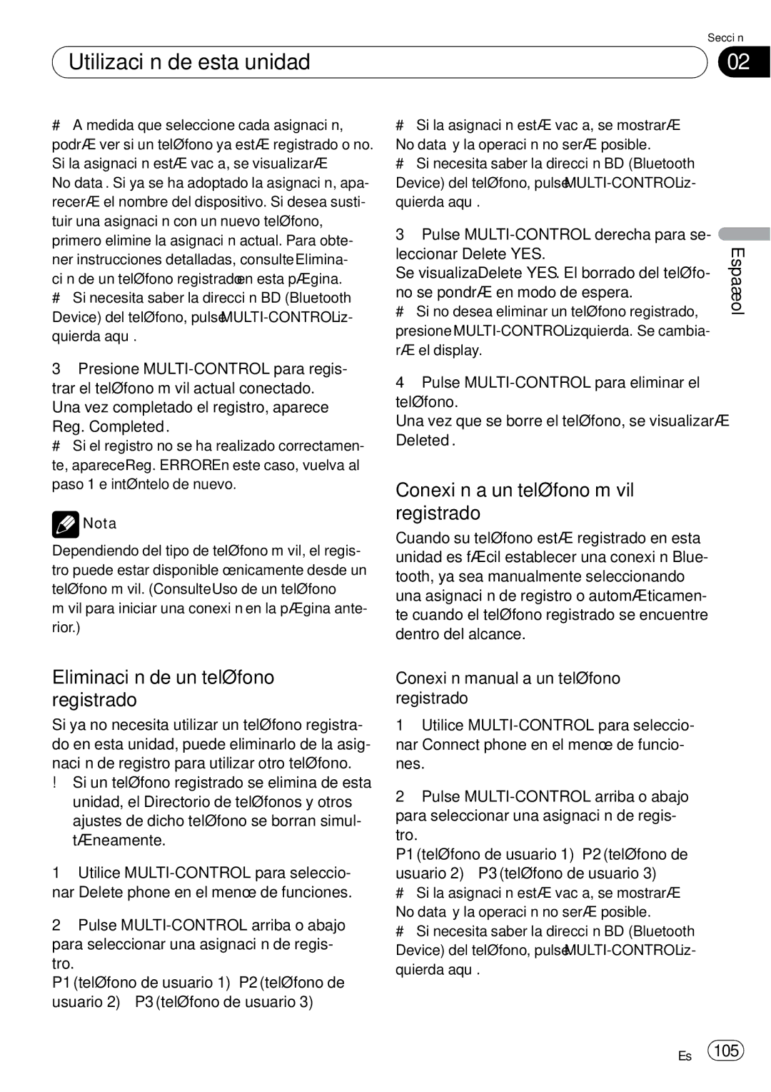 Pioneer DEH-P85BT Eliminación de un teléfono registrado, Conexión a un teléfono móvil registrado, Leccionar Delete YES 