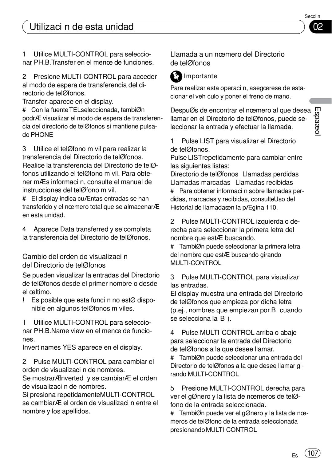 Pioneer DEH-P85BT operation manual Llamada a un número del Directorio de teléfonos, Importante 