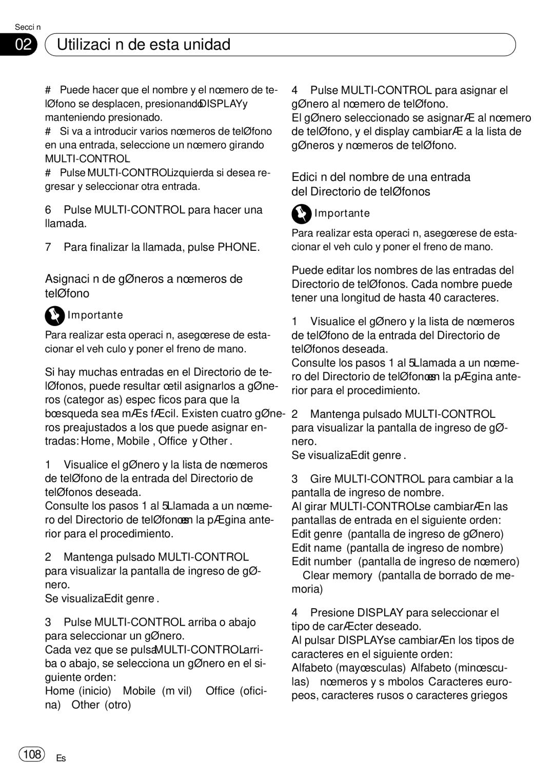 Pioneer DEH-P85BT operation manual Asignación de géneros a números de teléfono, 108 Es 