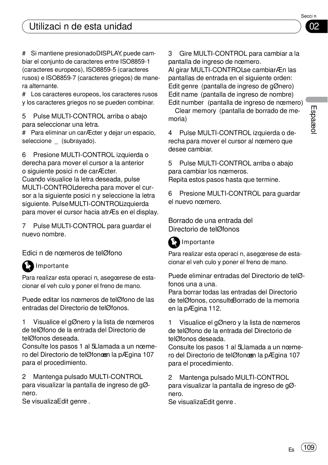 Pioneer DEH-P85BT operation manual Edición de números de teléfono, Borrado de una entrada del Directorio de teléfonos 