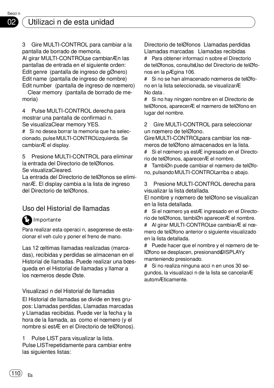 Pioneer DEH-P85BT operation manual Uso del Historial de llamadas, Visualización del Historial de llamadas, 110 Es 