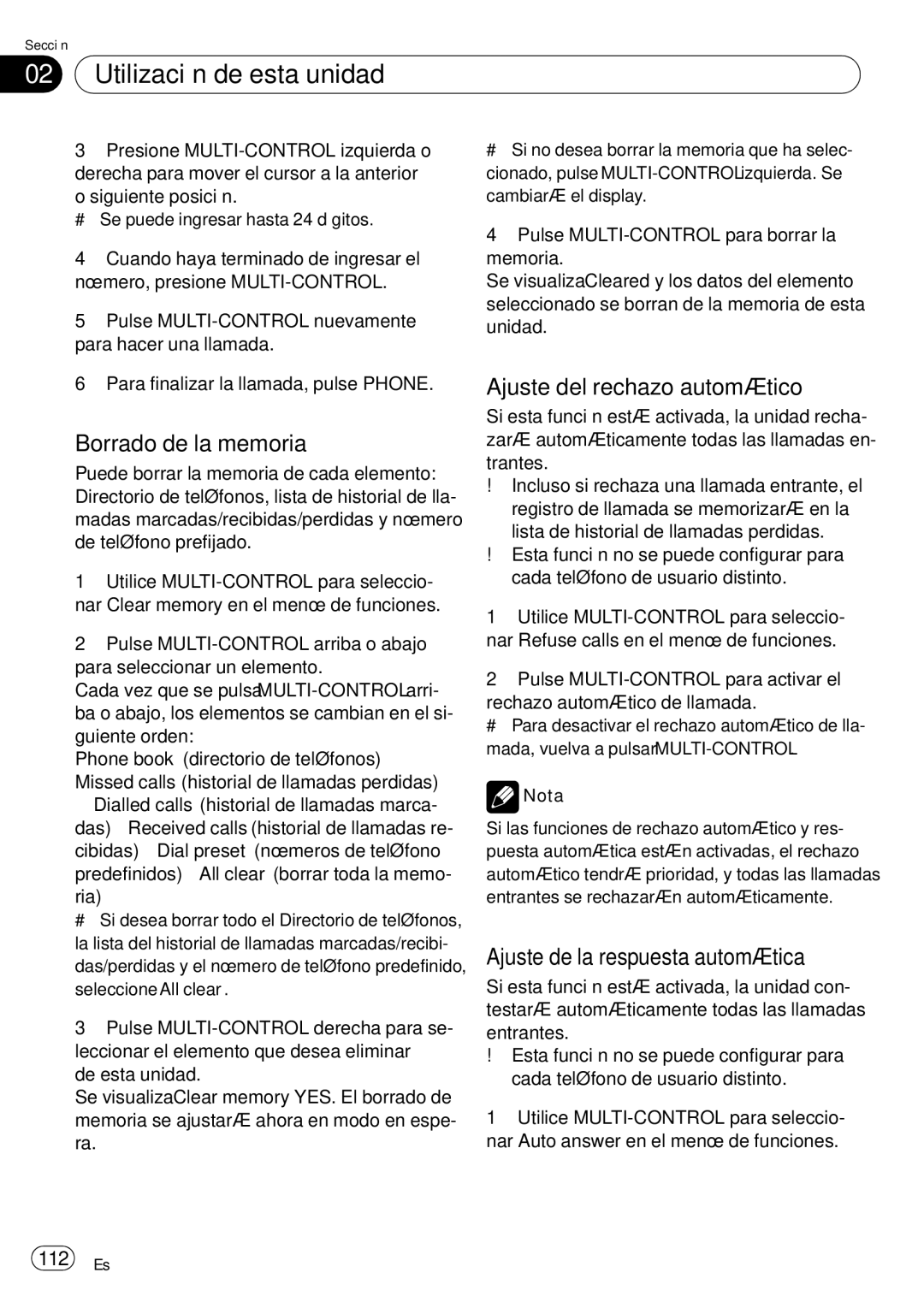 Pioneer DEH-P85BT Borrado de la memoria, Ajuste del rechazo automático, Ajuste de la respuesta automática, 112 Es 