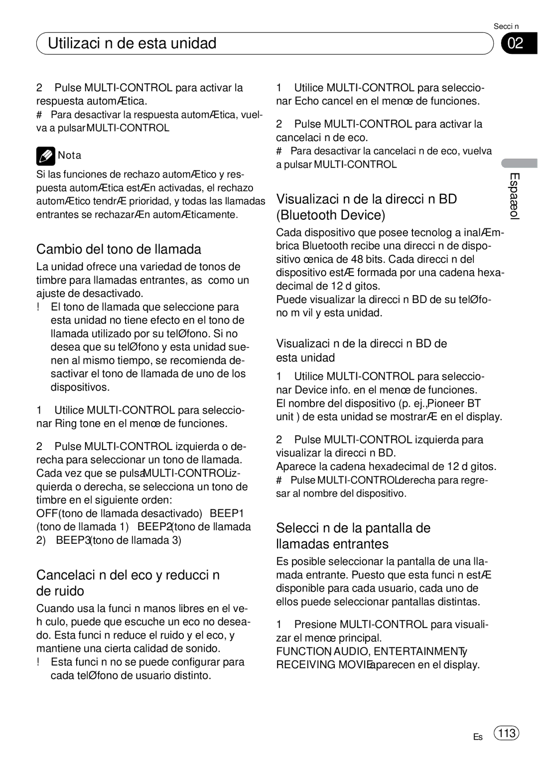 Pioneer DEH-P85BT operation manual Cambio del tono de llamada, Cancelación del eco y reducción de ruido 