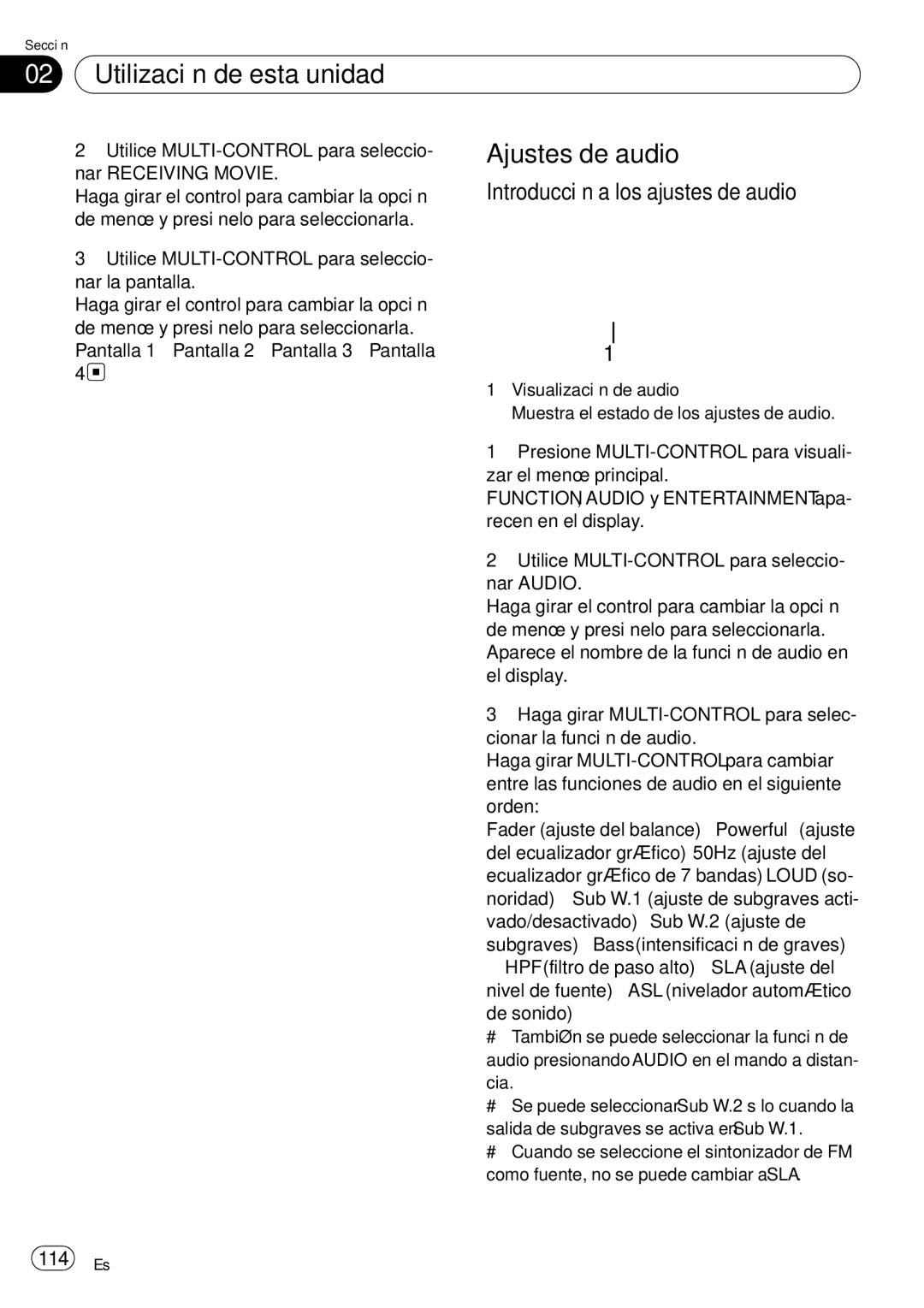 Pioneer DEH-P85BT operation manual Ajustes de audio, Introducción a los ajustes de audio, 114 Es 