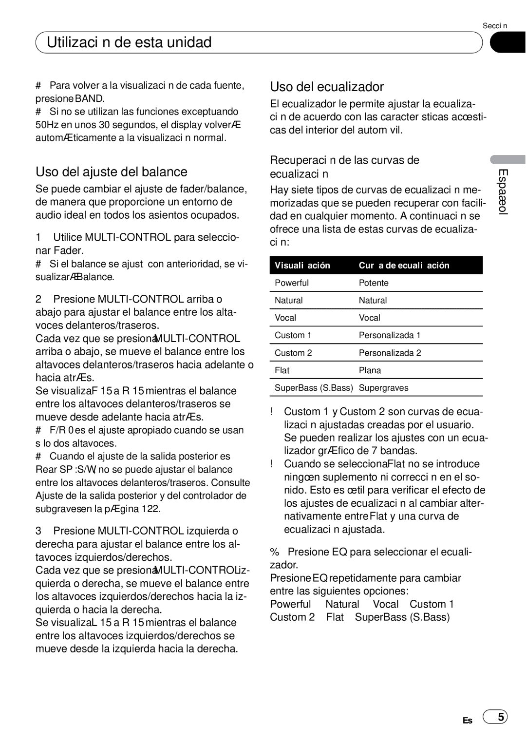 Pioneer DEH-P85BT Uso del ajuste del balance, Uso del ecualizador, Recuperación de las curvas de ecualización 