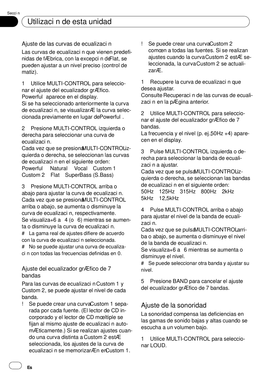 Pioneer DEH-P85BT Ajuste de la sonoridad, Ajuste de las curvas de ecualización, Ajuste del ecualizador gráfico de 7 bandas 