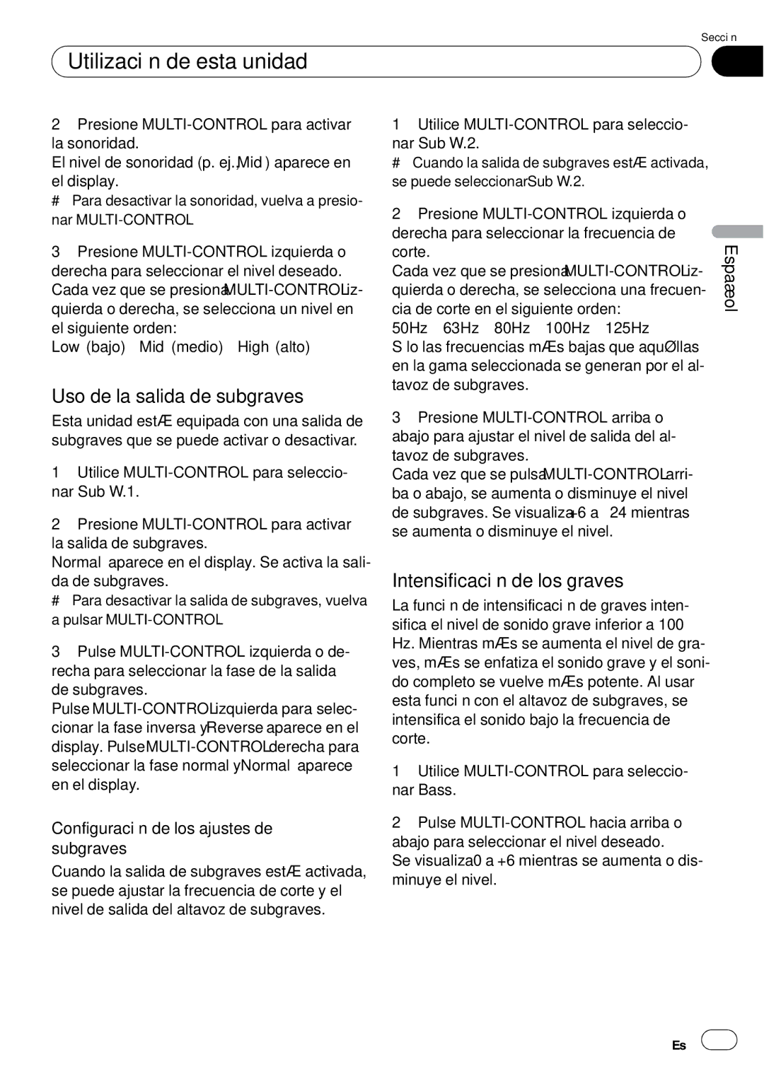 Pioneer DEH-P85BT Uso de la salida de subgraves, Intensificación de los graves, Configuración de los ajustes de subgraves 